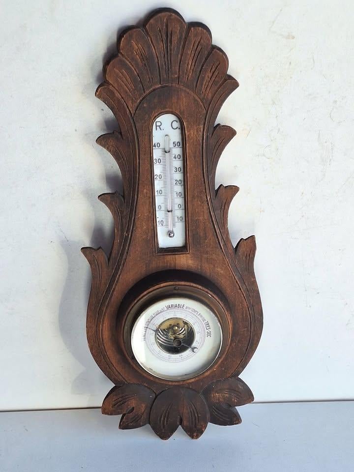 Joli ancien baromètre avec thermomètre en bois, Antiquités & Art, Enlèvement ou Envoi