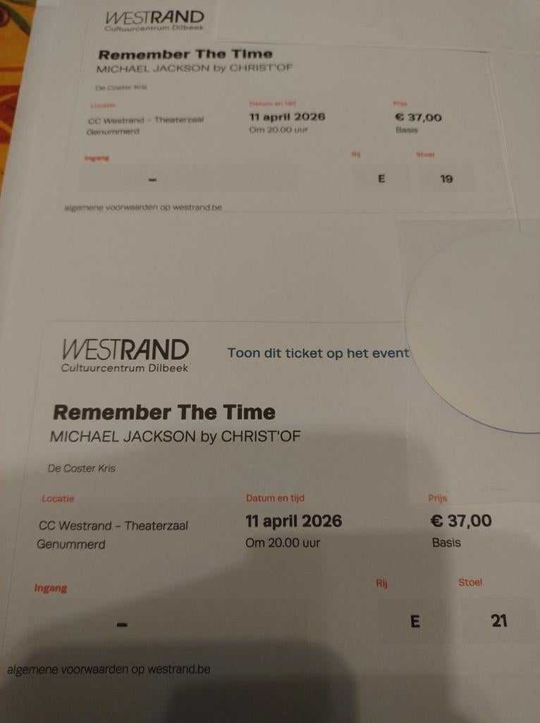 2 tickets Michael Jackson by Christ'Of à Dilbeek, Tickets & Billets, Deux personnes, Avril