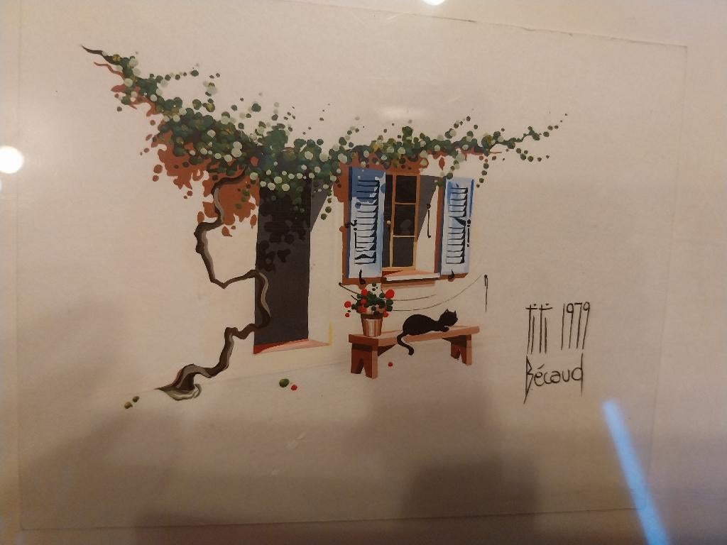 AQUARELLE DU CHANTEUR  GILBERT BECAUD DE 1979, Collections, Enlèvement ou Envoi, Gravure, Comme neuf, 1960 à 1980