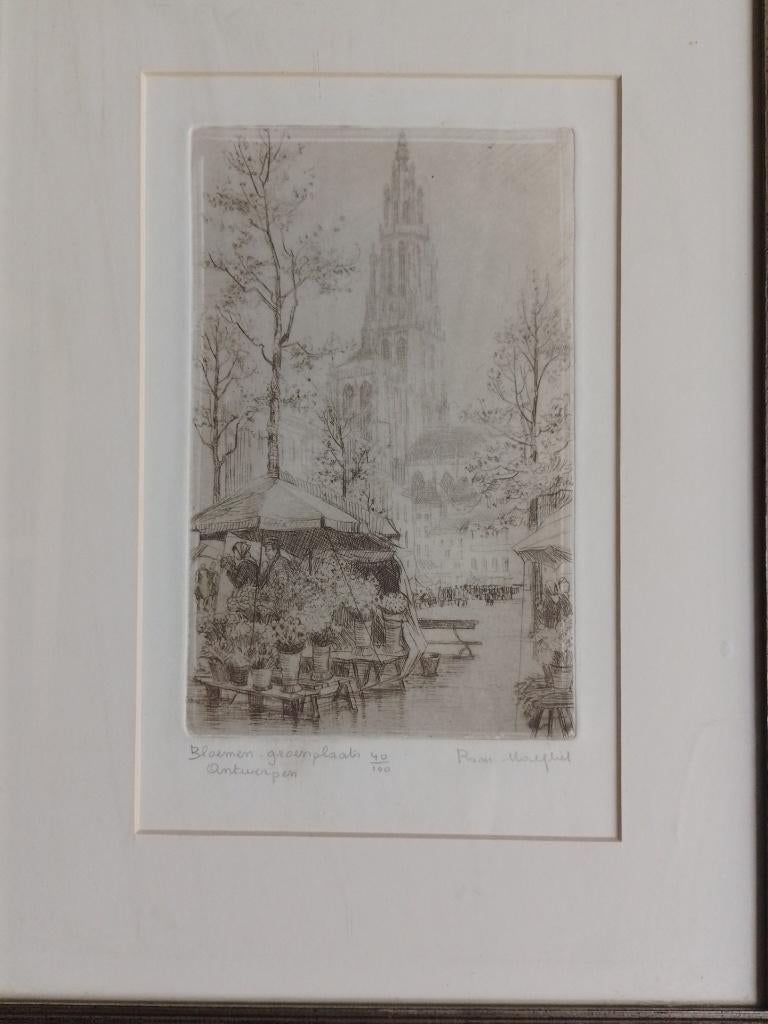 Romain Malfliet  1910 - 2006  Ets  Bloemen Groenplaats, Antiquités & Art, Art | Eaux-fortes & Gravures, Envoi