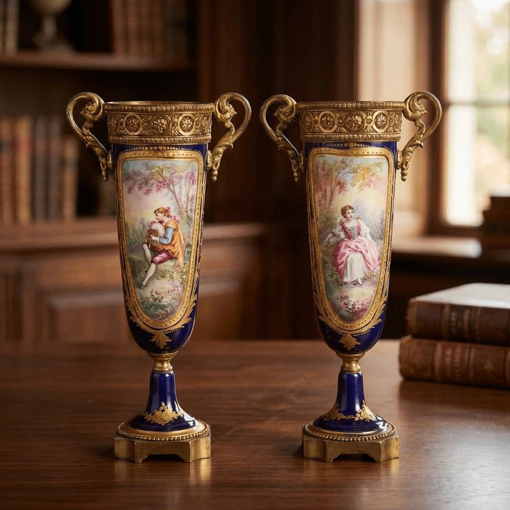 Vases à Anses en Porcelaine "Bleu de Sèvres" et Bronze Doré, Antiquités & Art, Enlèvement ou Envoi