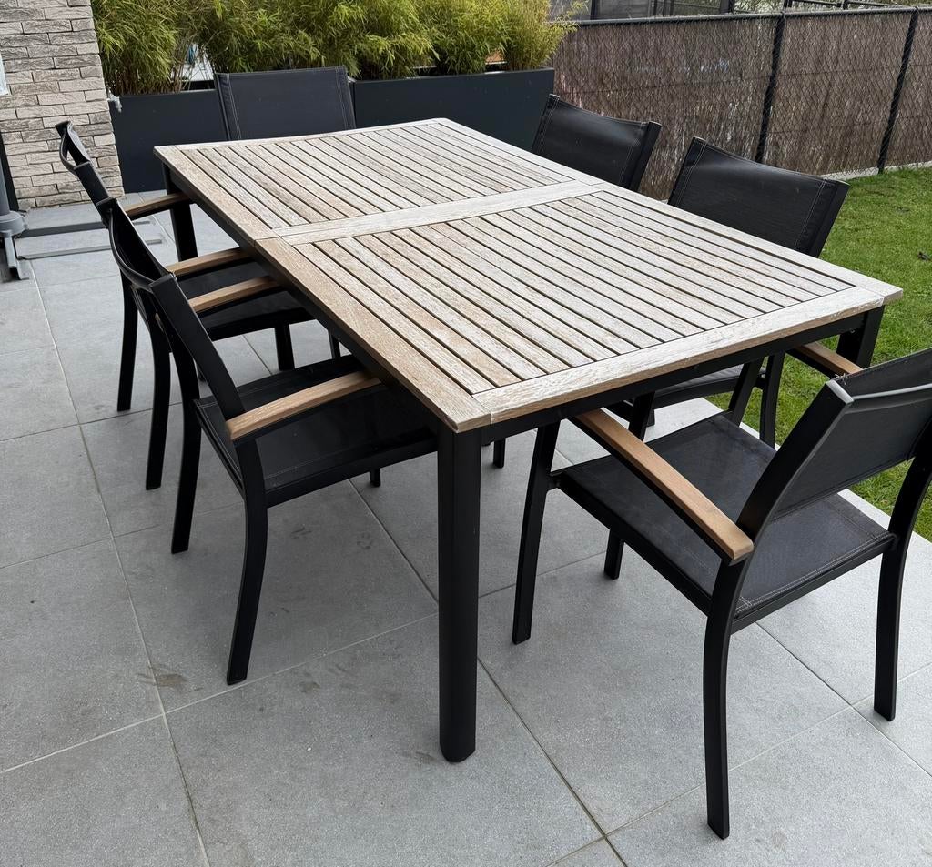 Tuintafel hout - 6 stoelen, Tuin en Terras, Ophalen, Gebruikt, 6 zitplaatsen, Stoel