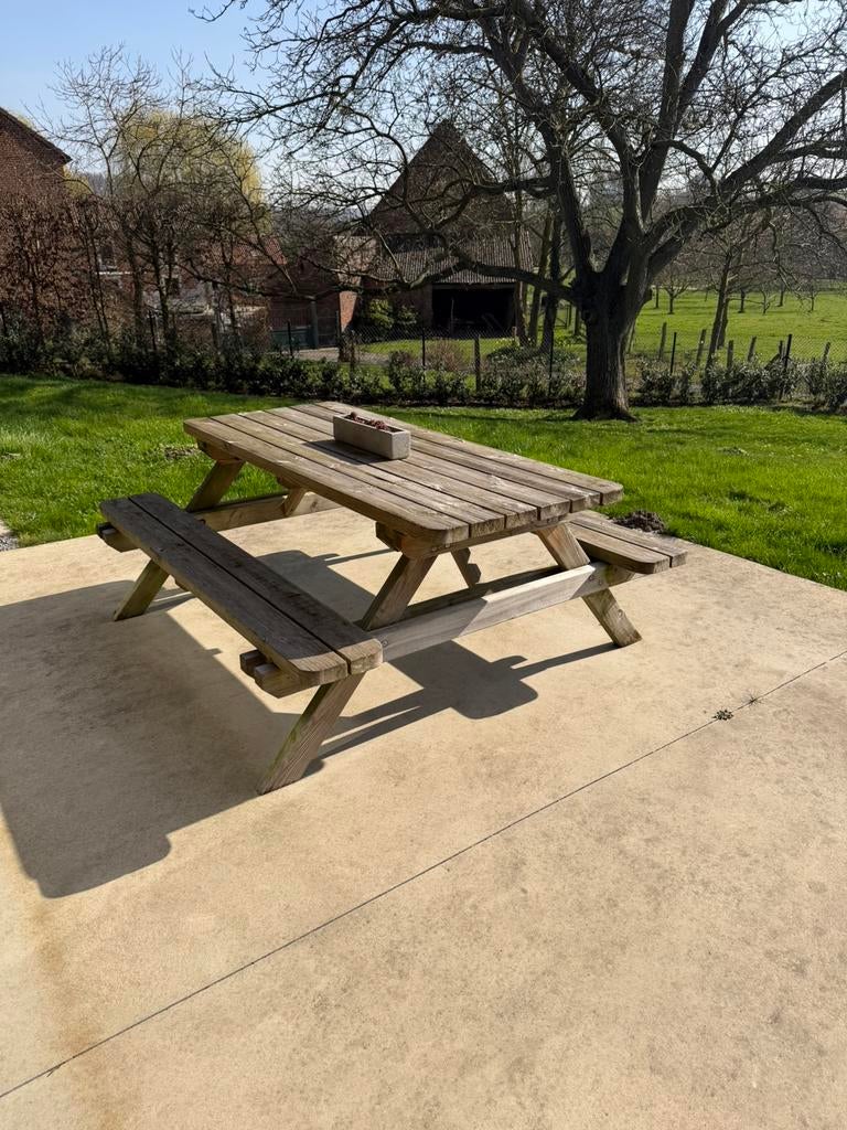 Grande table-banc de jardin en bois 6 places – 179 cm, Jardin & Terrasse, Tables de pique-nique, Enlèvement, Comme neuf, Bois