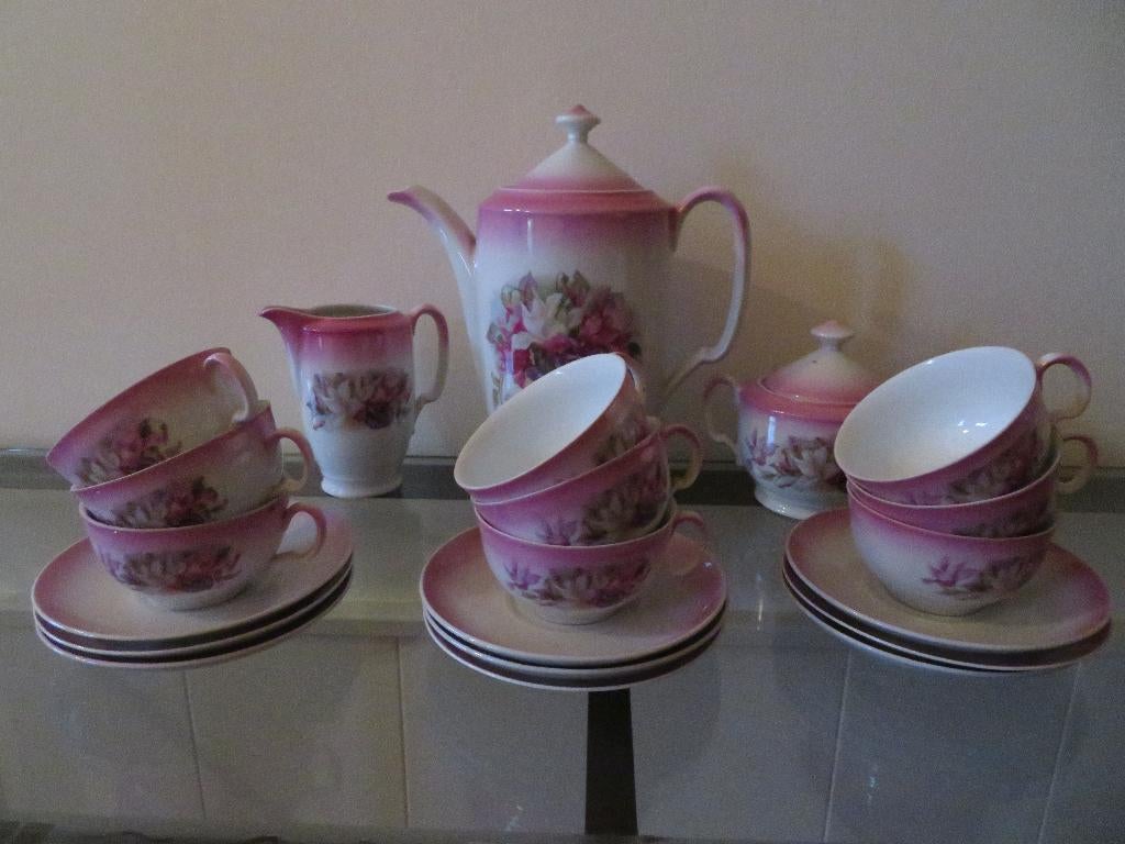 Antiek roze thee servies - koffie servies, Antiek en Kunst, Antiek | Servies compleet, Ophalen of Verzenden