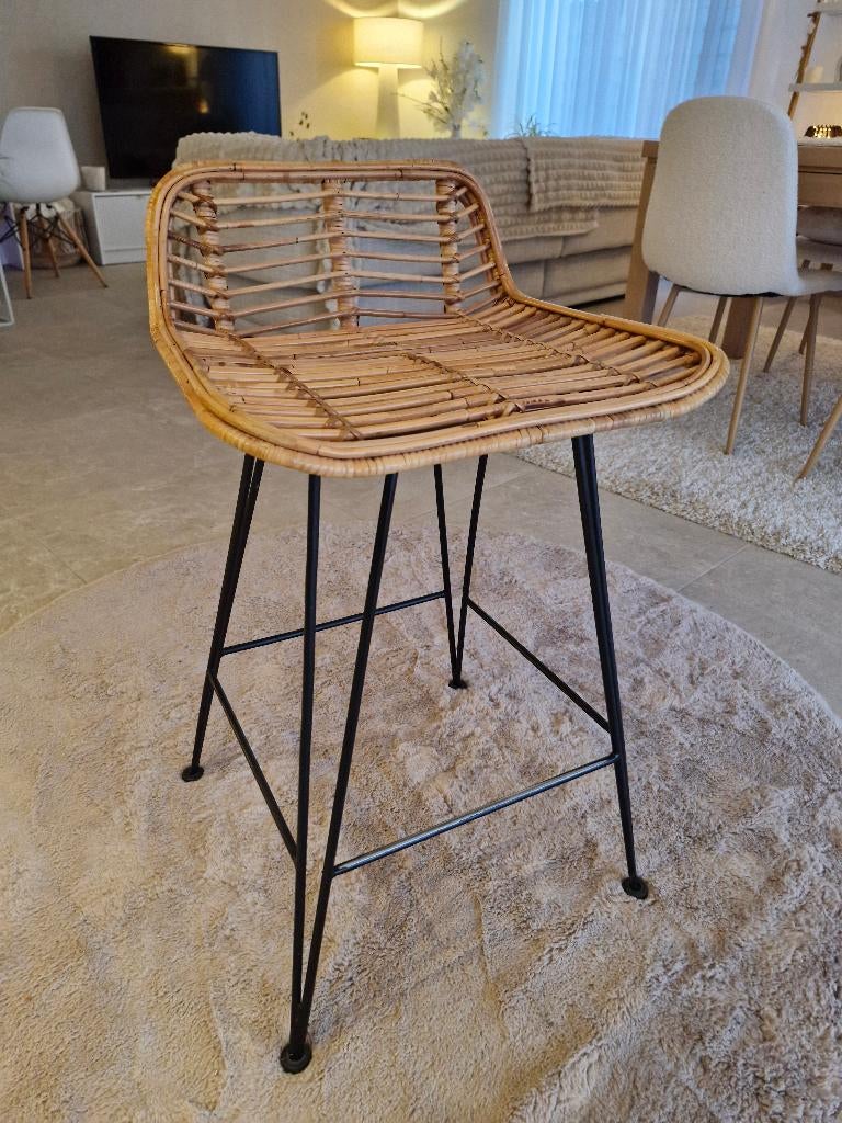 Set van 4 barkrukken, Huis en Inrichting, Barkrukken, Gebruikt, 60 tot 90 cm, Metaal, Riet, 4 krukken, Met voetsteun, Ophalen