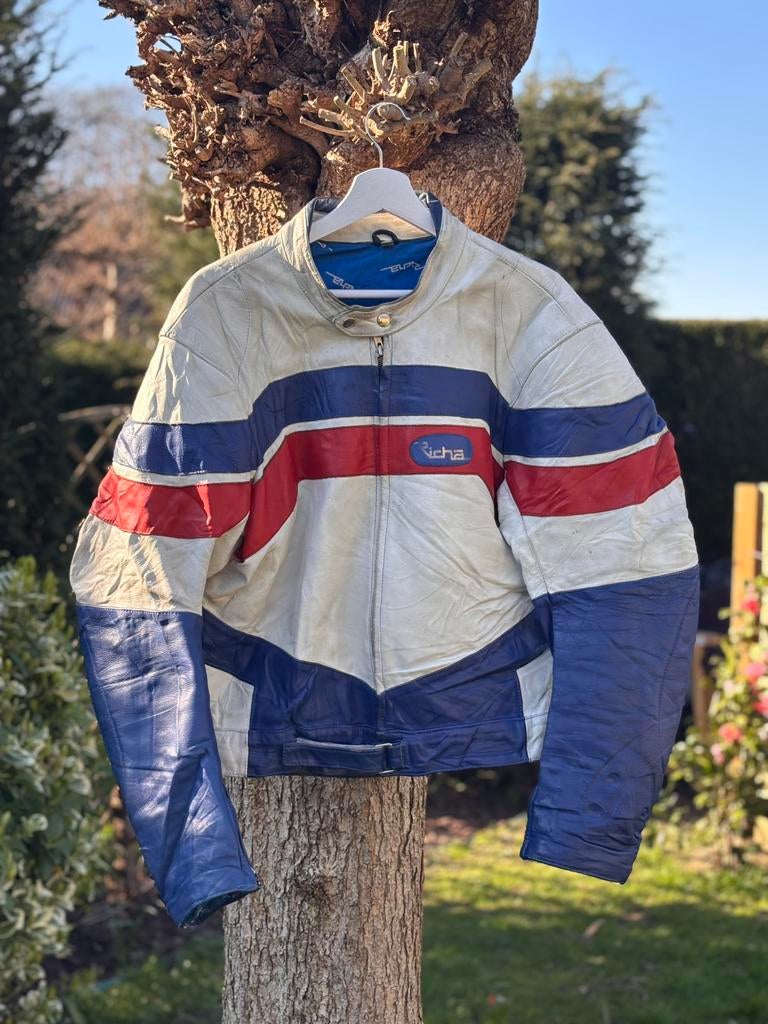 Vintage Richa Lederen Motorjas – Blauw/Wit/Rood – Maat 48, Motoren, Kleding | Motorkleding, Ophalen of Verzenden, Tweedehands