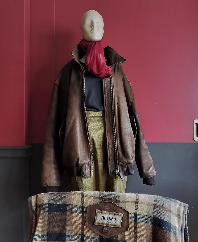 Vintage lederen vest XXL met wollen voering, Kleding | Heren, Grote Maten, Ophalen, Overige typen, Bruin, Gedragen