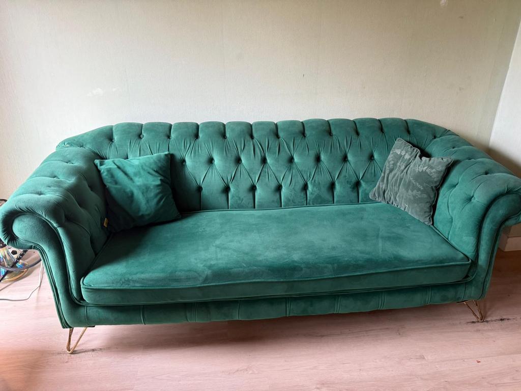 Zetelset olijfgroen fluweel 1 tweezit + 2 zetels, Ophalen, Gebruikt, Kunststof