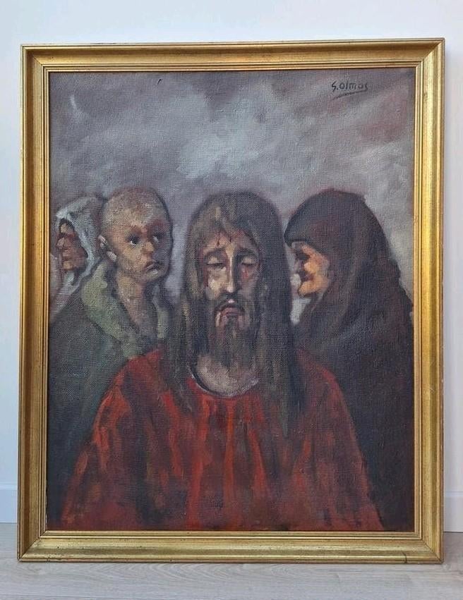 Olieverfschilderij op jute S.Olmos 'Jezus in gevangenschap', Antiek en Kunst, Ophalen