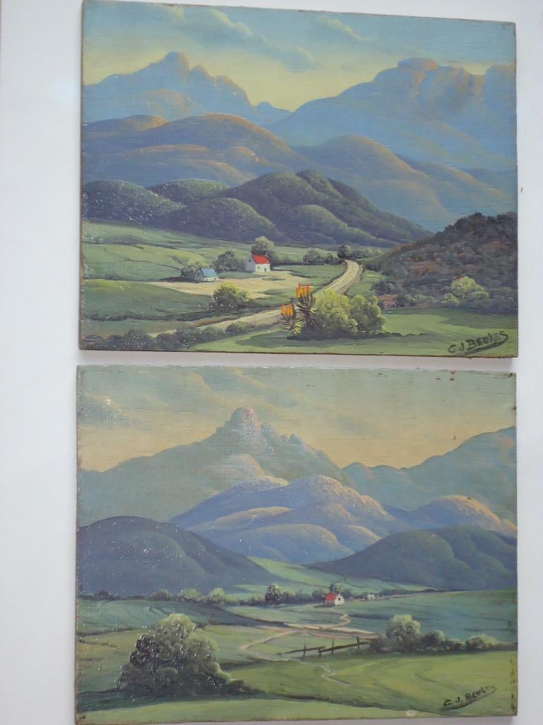 2x landschap G. J. Beukes Zuid-Afrika olieverf /hout paneel, Antiek en Kunst, Ophalen of Verzenden