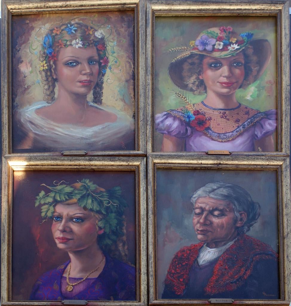 G. Van Vosselen: Allegorie van de 4 seizoenen (4 x 20x26cm), Antiek en Kunst, Ophalen of Verzenden