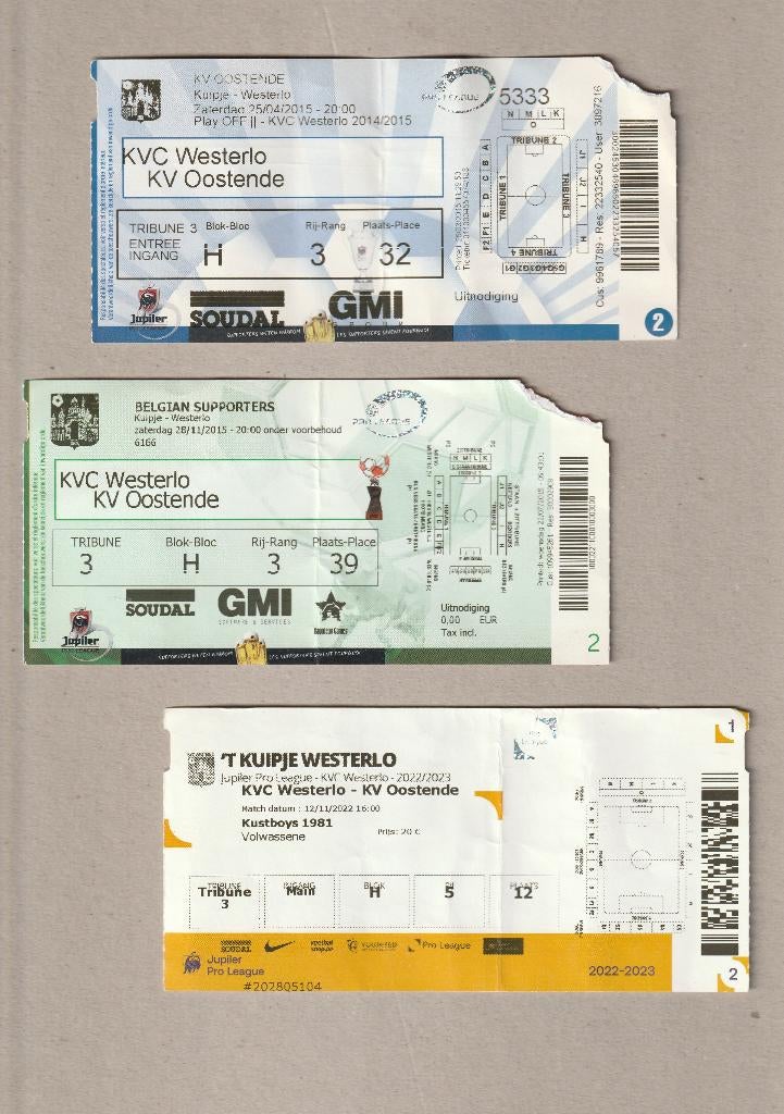 3 versch (gebruikte) tickets Westerlo - Oostende (2015-2022), Verzamelen, Sportartikelen en Voetbal, Gebruikt, Overige typen, Ophalen of Verzenden