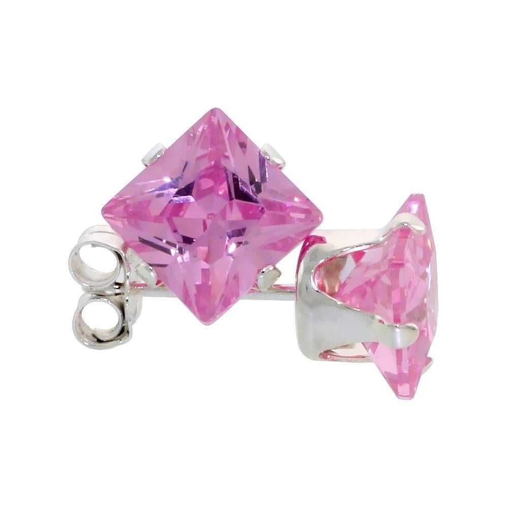 Oorbellen vierkant roze zirkonia 6mm 925 zilver - OP=OP!, Bijoux, Sacs & Beauté, Boucles d'oreilles, Enlèvement ou Envoi, Rose