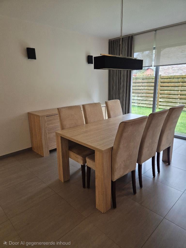 Eetkamer (tafel, hoge kast, dressoir, 6 stoelen), Ophalen, Gebruikt, Moderne stijl, 6 tot 8 stoelen