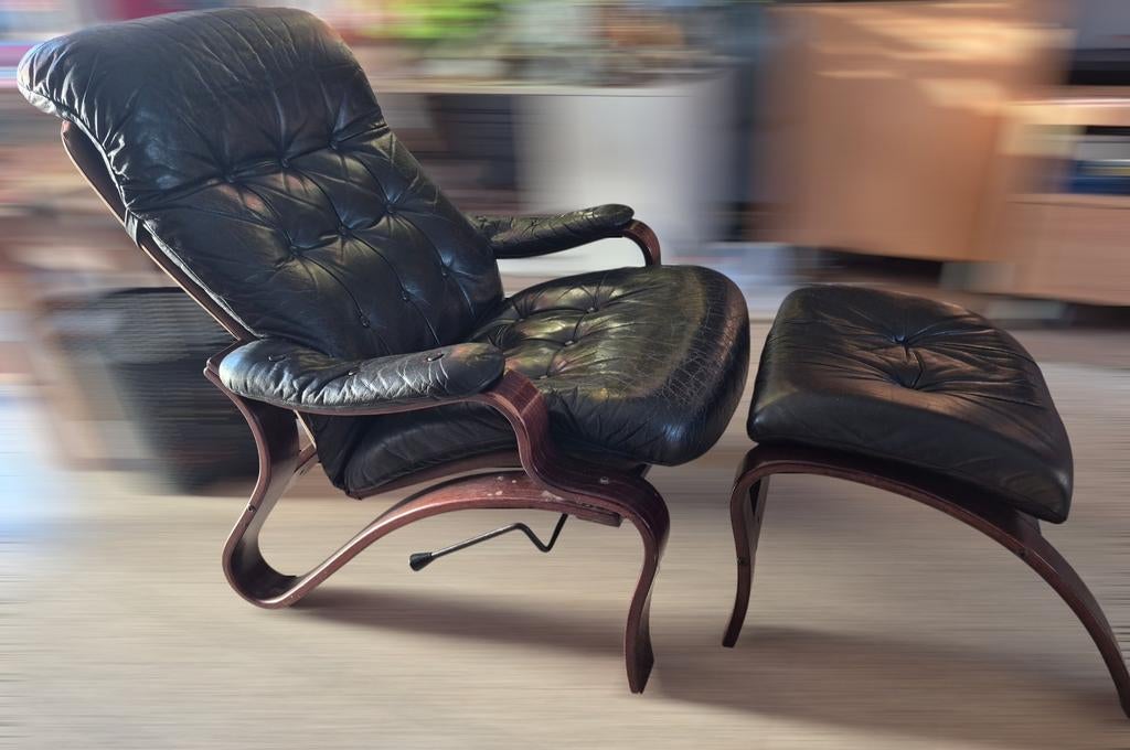 Vintage zetel relax en voetenbankje, jaren 70/80,, Enlèvement, Bois