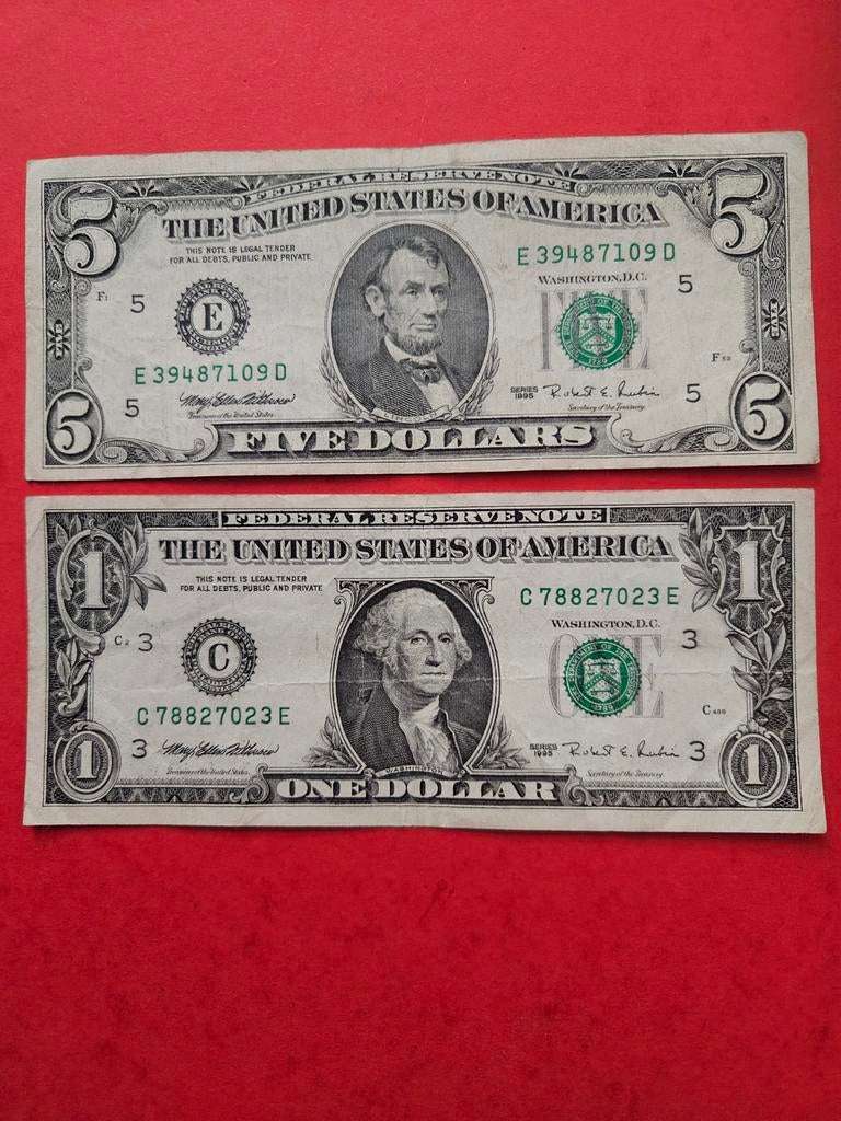 1 en 5 dollars USA 1995 jaar set, Postzegels en Munten, Bankbiljetten | Amerika, Ophalen of Verzenden, Noord-Amerika, Setje