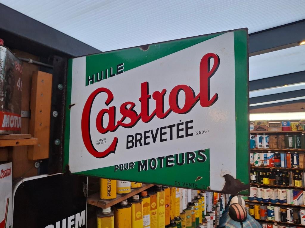 Dubbelzijdig orgineel emaille bord CASTROL, Verzamelen, Ophalen, Gebruikt, Reclamebord