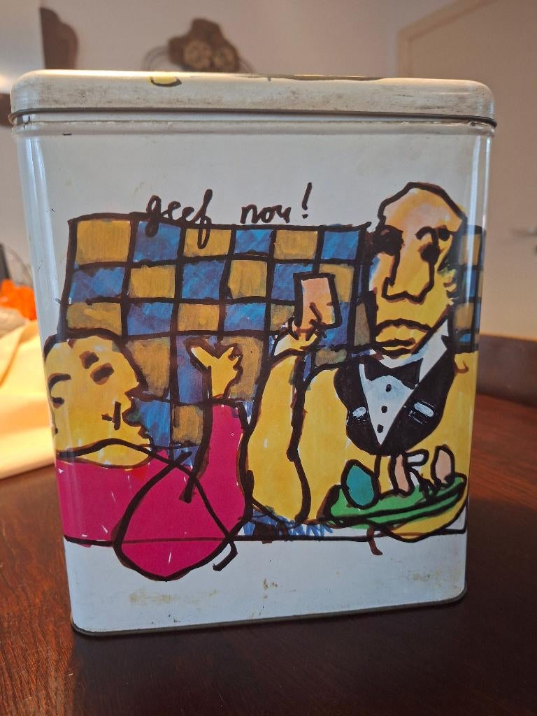 Grote blikken koektrommel met tekeningen van Herman Brood, Ophalen, Gebruikt, Overige, Overige merken