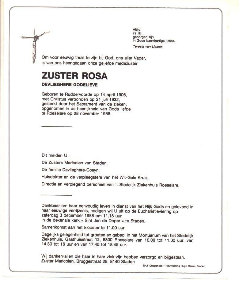 Doodsbrief Zuster Rosa Devlieghere Ruddervoorde Roeselare 88, Verzamelen, Verzenden, Rouwkaart
