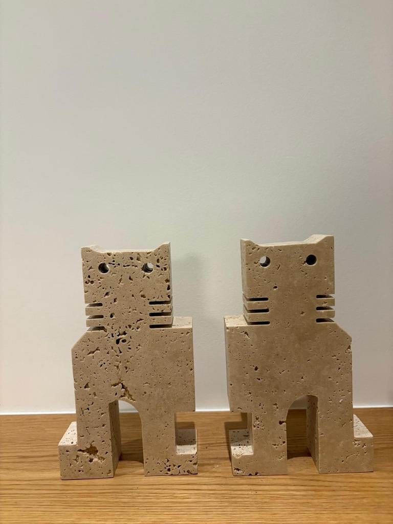 Paar travertijnkatten, Fratelli Mannelli, Italië, jaren 70, Ophalen, Zo goed als nieuw