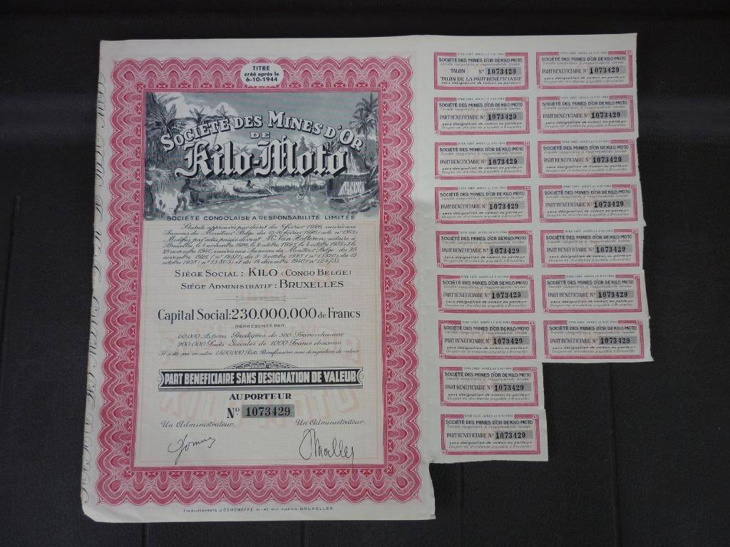 Part Bénéficiaire - Société des Mines d'Or de Kilo-Moto, Enlèvement ou Envoi, 1920 à 1950, Action
