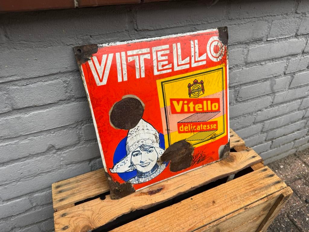 Oud Vitello emaille reclamebord, Ophalen of Verzenden, Gebruikt, Reclamebord