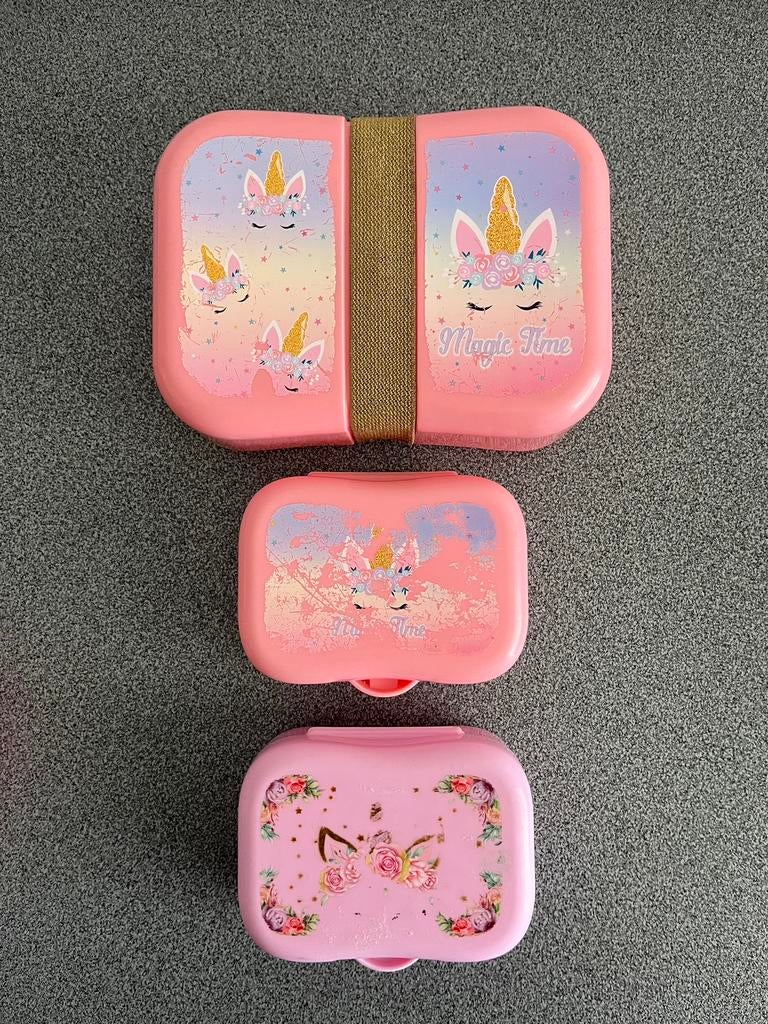 Roze brooddoos + 2 koekendoosjes Unicorn, Ophalen of Verzenden, Gebruikt