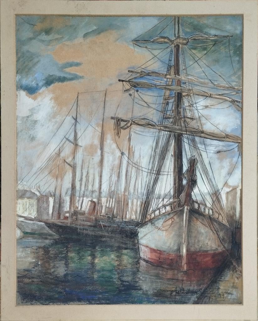 Pastel 'La Croisette' - Port de Cannes 1929, Enlèvement ou Envoi