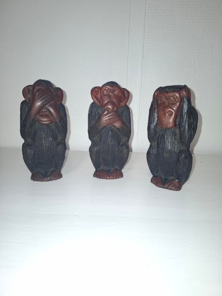 3 statuette singes de la sagesse artisanale africain Guinée, Antiquités & Art, Mammifère, Bois, Fait main, Moins de 20 cm