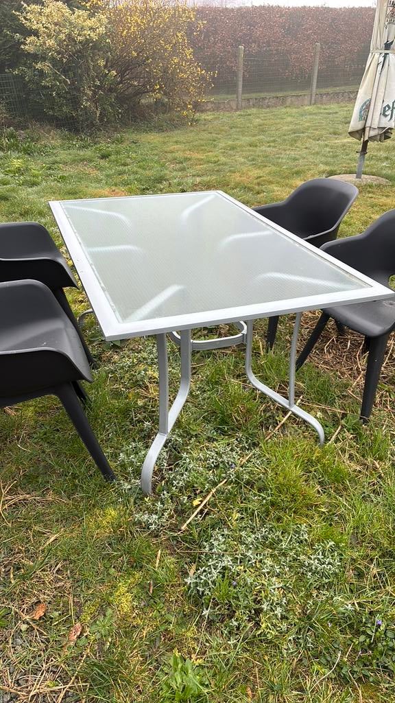 Metalen tuintafel met glas 152 x 97, Tuin en Terras, Ophalen, Gebruikt, Metaal
