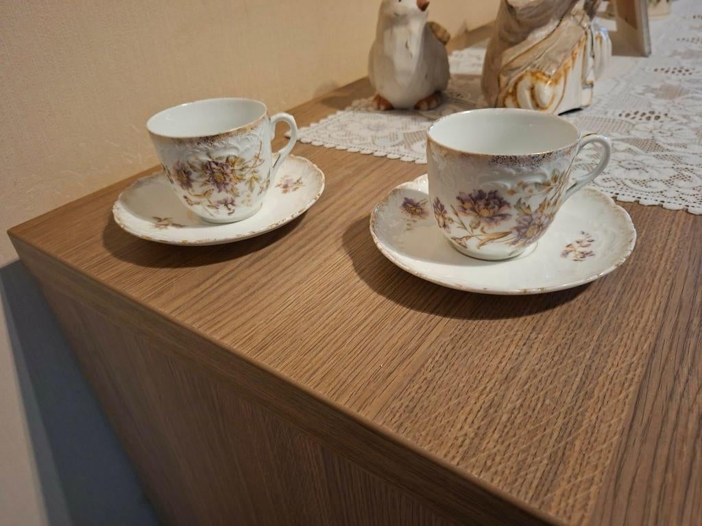 2 Vintage kopjes en onderborden / Carl Tiesch, Huis en Inrichting, Ophalen of Verzenden, Gebruikt, Kop(pen) en/of Schotel(s)