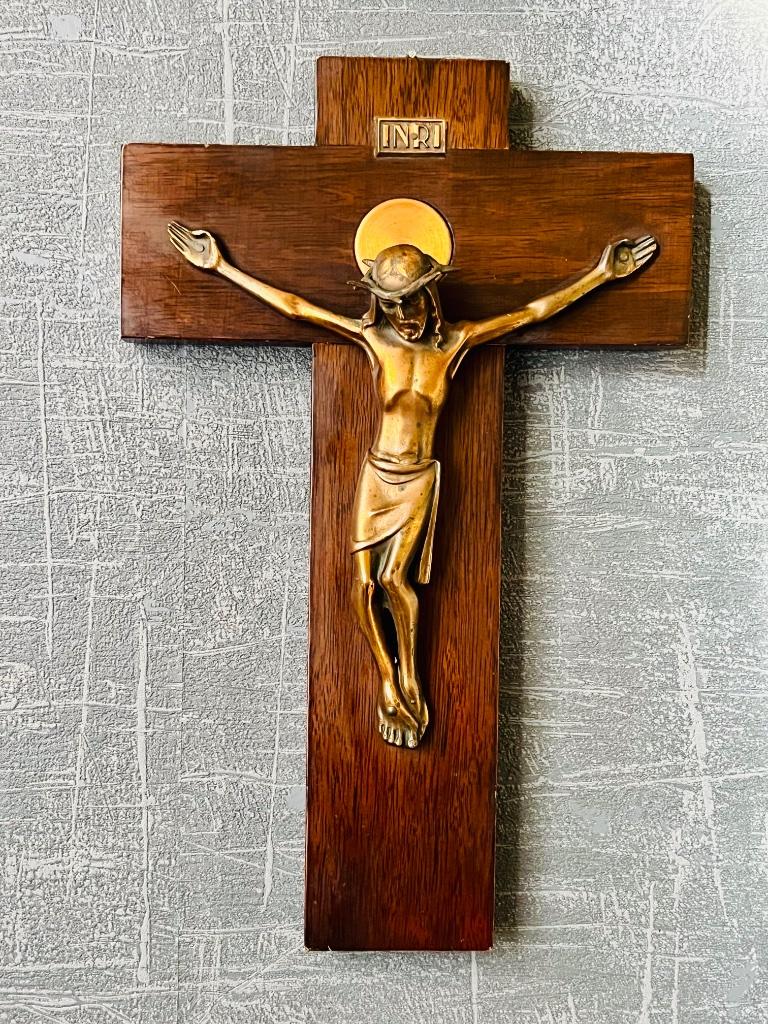 INRI oud kruisbeeld Jezus op het kruis, Antiek en Kunst, Ophalen, Brons