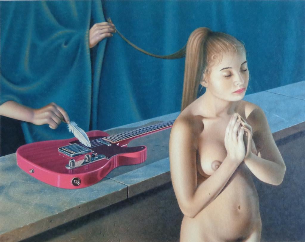 BERNARD MOLDAWAN / NAAKTE VROUW GITAAR / KLEURLITHO 56x76cm, Antiquités & Art, Enlèvement ou Envoi