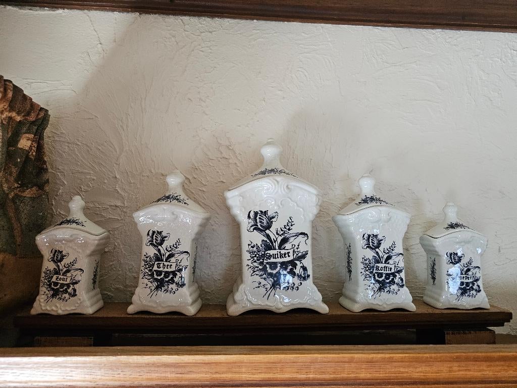 Set van 5 voorraadpotten in Delfts Blauw, Antiek en Kunst, Ophalen