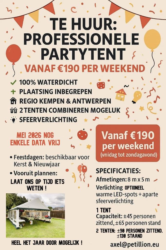 TE HUUR Professionele Partytent/ Communie of lente feest enz, Enlèvement, Comme neuf