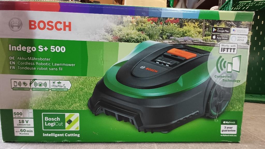 Bosch Indego S+ 500 robotmaaier, 1 jaar oud, deels nieuw, Jardin & Terrasse, Tondeuses robotisées, Comme neuf, Avec capteur de pluie