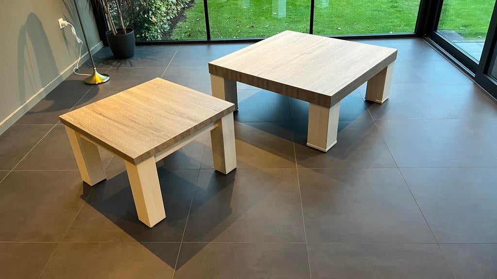 Salon en bijzetTafels wit , grijs blad, Ophalen, Zo goed als nieuw, Minder dan 50 cm, Overige houtsoorten