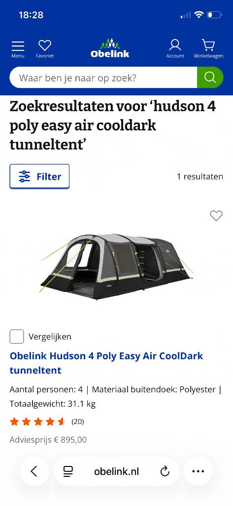 OBELINK tunneltent van het Nederlandse merk, Caravans en Kamperen, Ophalen, Zo goed als nieuw, Tot en met 4