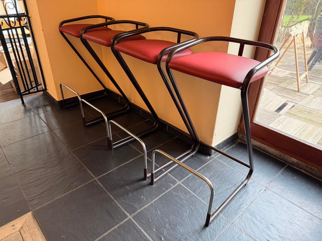 4 Tabourets de bar hauts - simili rouge, Maison & Meubles, Rouge, Cuir, Enlèvement, Utilisé