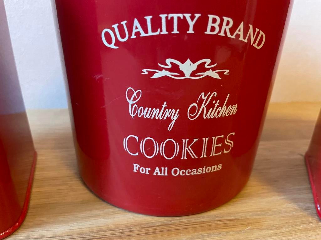 Rood Emaille keukenset, doos voor koffie, koekjes en suiker, Ophalen