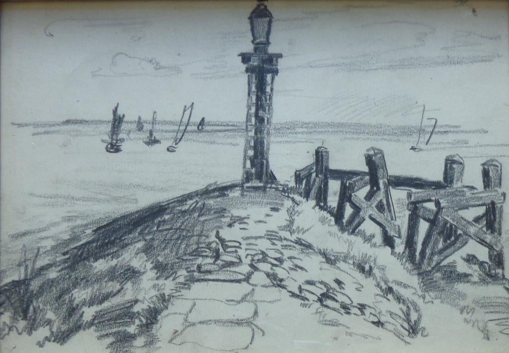 JULIEN CREYTENS / VUURTOREN / ORIGINEEL WERK / 35x44cm KADER, Enlèvement ou Envoi