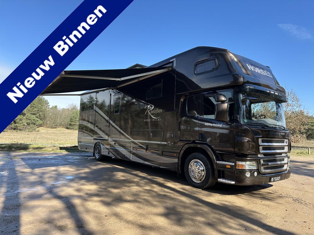 Scania P380 20,5T ROELOFSEN 6-paards paardenvrachtwagen Slid, Achterwielaandrijving, Scania, Bruin, Leder