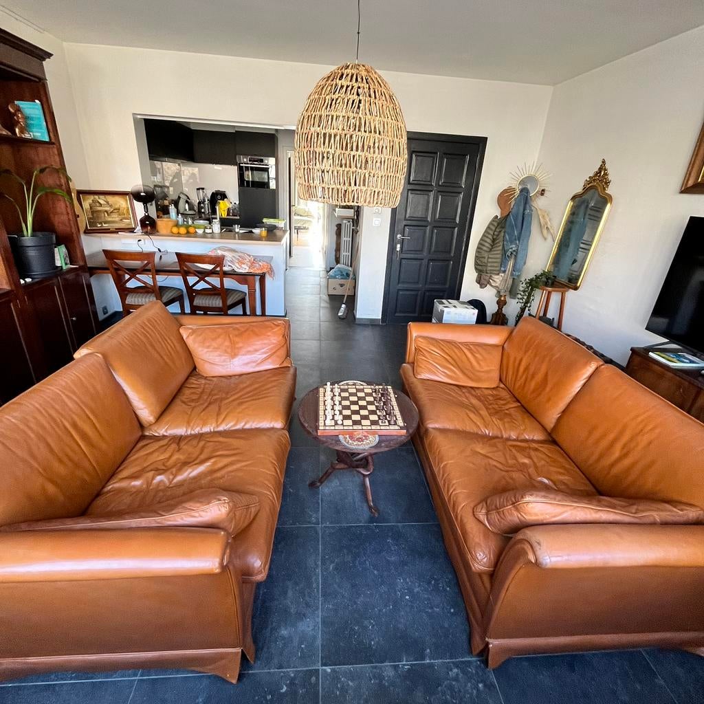 Vintage cognac lederen zetels jaren 70, Maison & Meubles, Canapés | Coins salons complets, Enlèvement, Utilisé, Cuir, Vintage