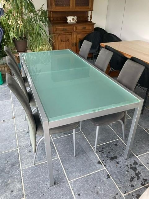 Tafel in glas met bijhorende stoelen, Huis en Inrichting, Ophalen, Gebruikt, 100 tot 150 cm, Glas