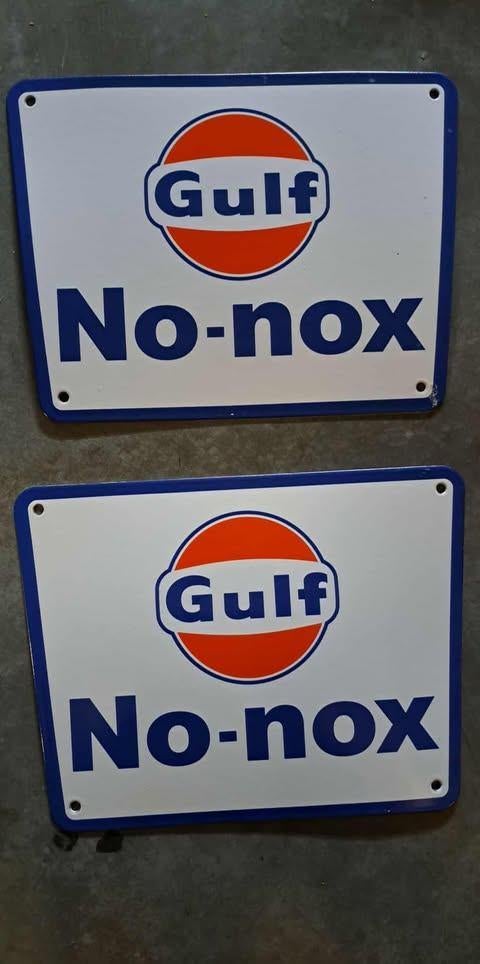 Good gulf vintage emaillen bordje en no nox 2 x 2 stuks, Verzamelen, Ophalen of Verzenden, Gebruikt, Reclamebord