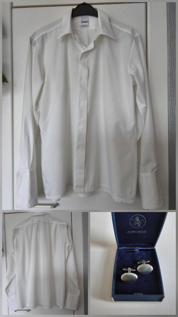 Wit ceremoniehemd voor heren L. /zilveren manchetknopen, Wit, Ophalen of Verzenden, Zo goed als nieuw, Halswijdte 41/42 (L)