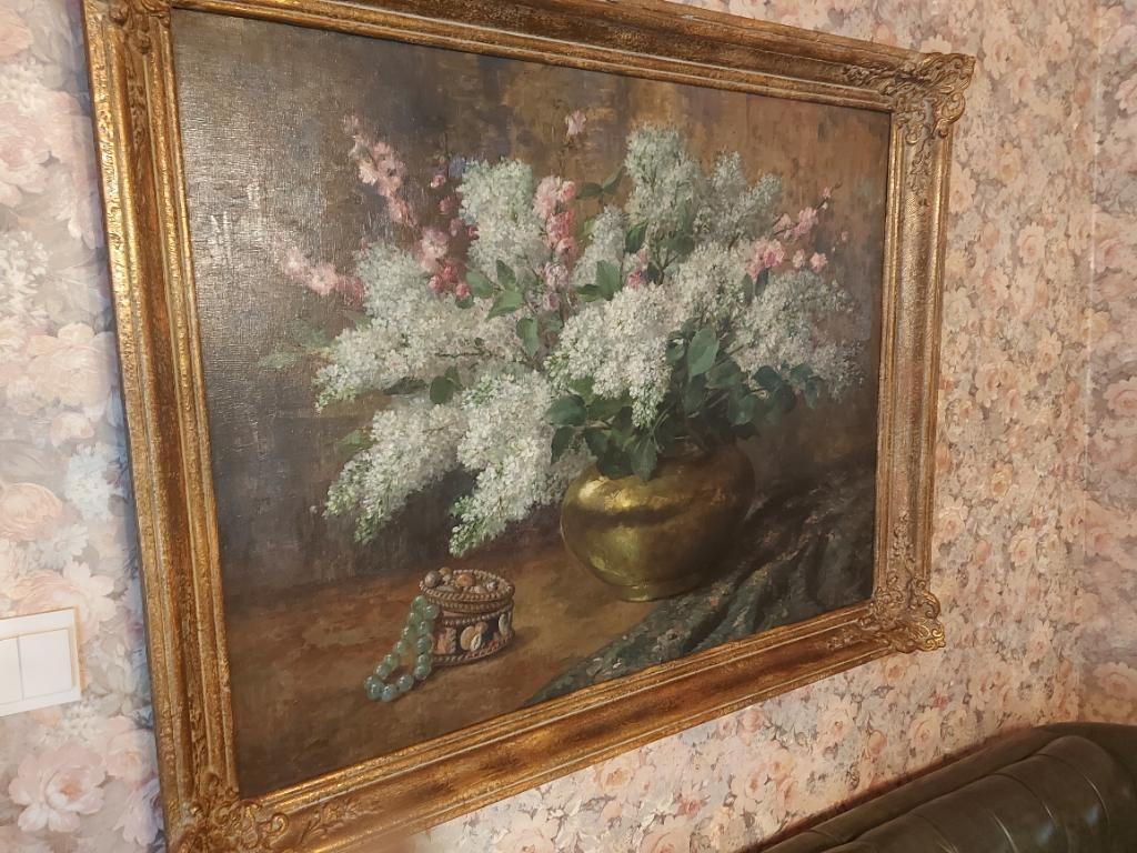 O. Mulkens;  Seringen in vaas met mooie kader, Ophalen