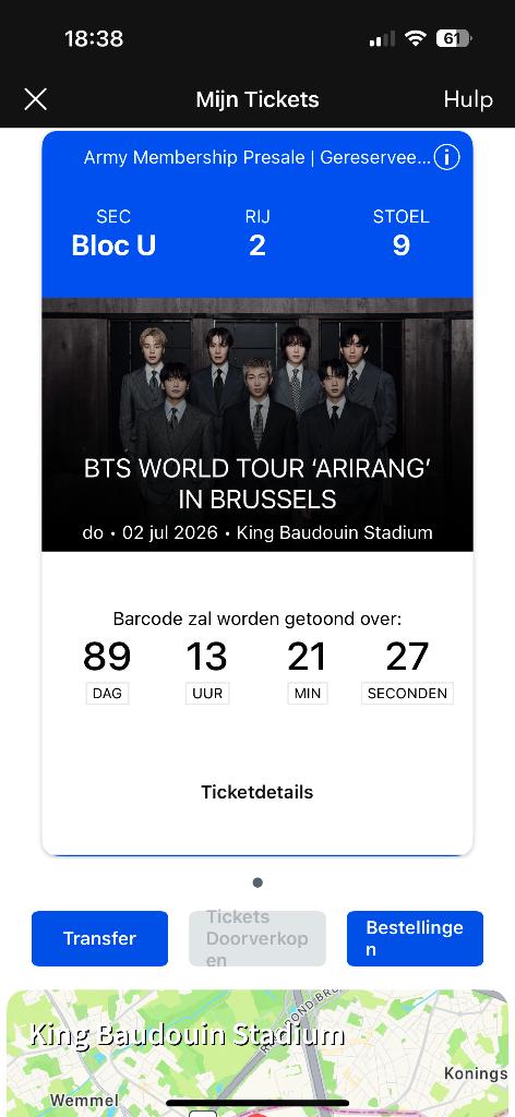 Bts ticket voor Arirang world tour in Brussel, Tickets & Billets, Concerts | Pop, Une personne, Juillet