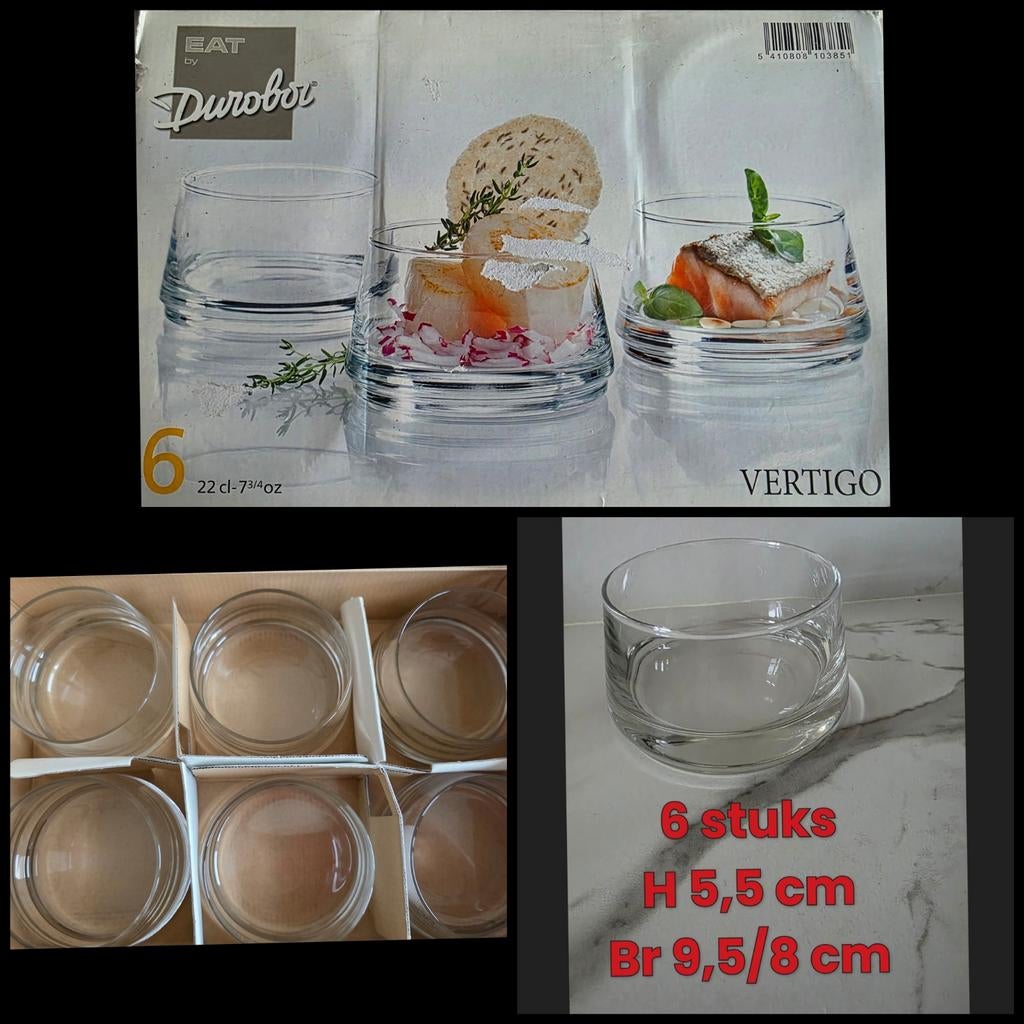 Glazen potjes Nieuwstaat 10€/ set v 6stuks, Huis en Inrichting, Ophalen of Verzenden, Zo goed als nieuw