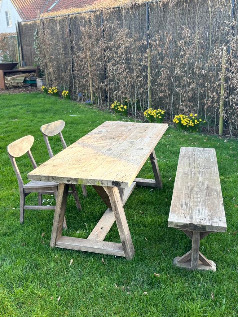 Mooie landelijke tafel met zitbank en 2 stoelen, Enlèvement, Comme neuf